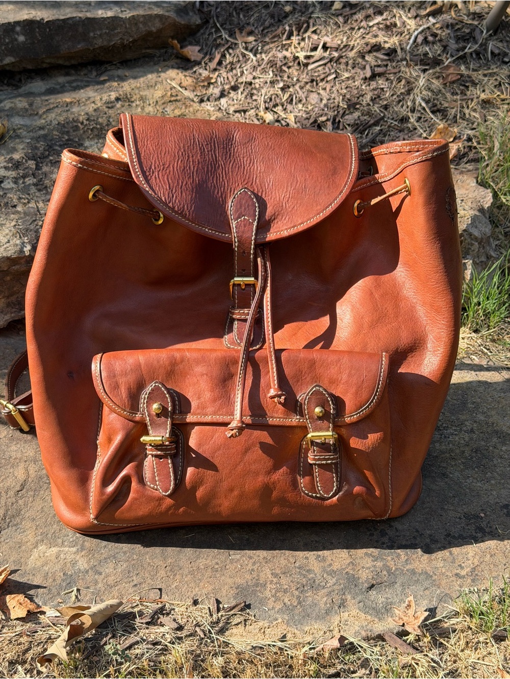 Vintage Polo Leather Drawstring Backpack in Cognac Brown